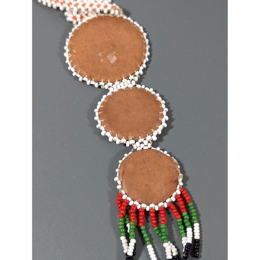 Vintage Native Triple Medallion Seed Bead Necklace Leather Back 24" - Picture 7 of 8
